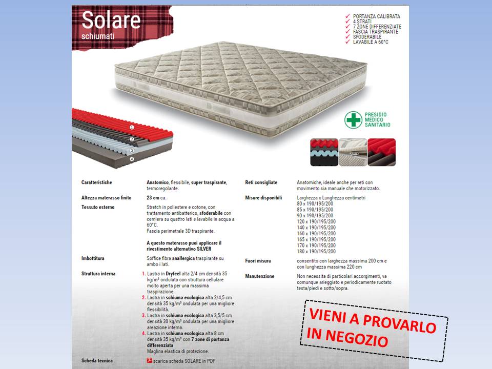 materasso Solare a 4 strati con memory  riposante e termoregolante e rivestimento antibatterico silver