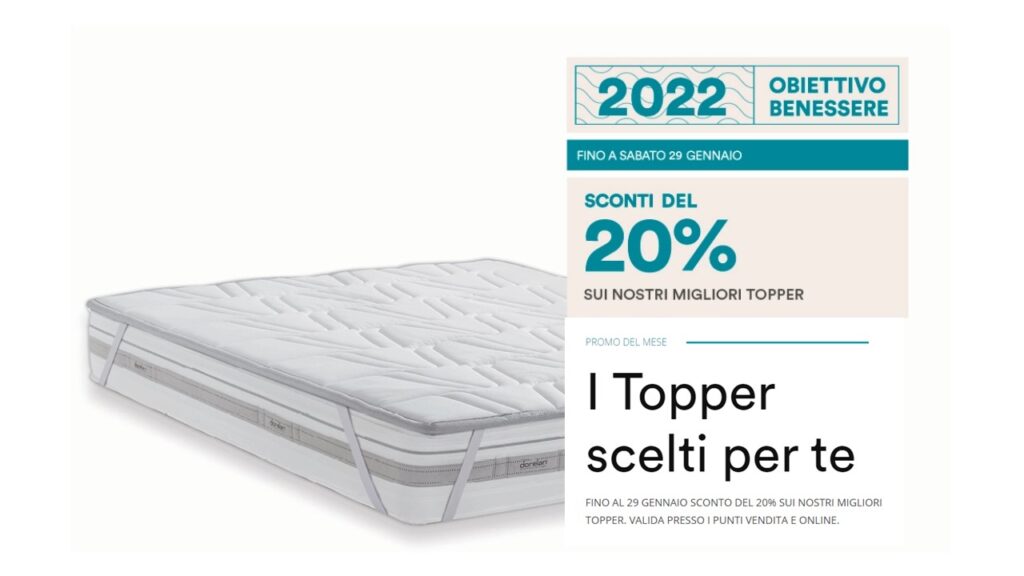 SCONTO 20% SU TOPPER DORELAN in negozio ampia sala prova materassi, cuscini, topper